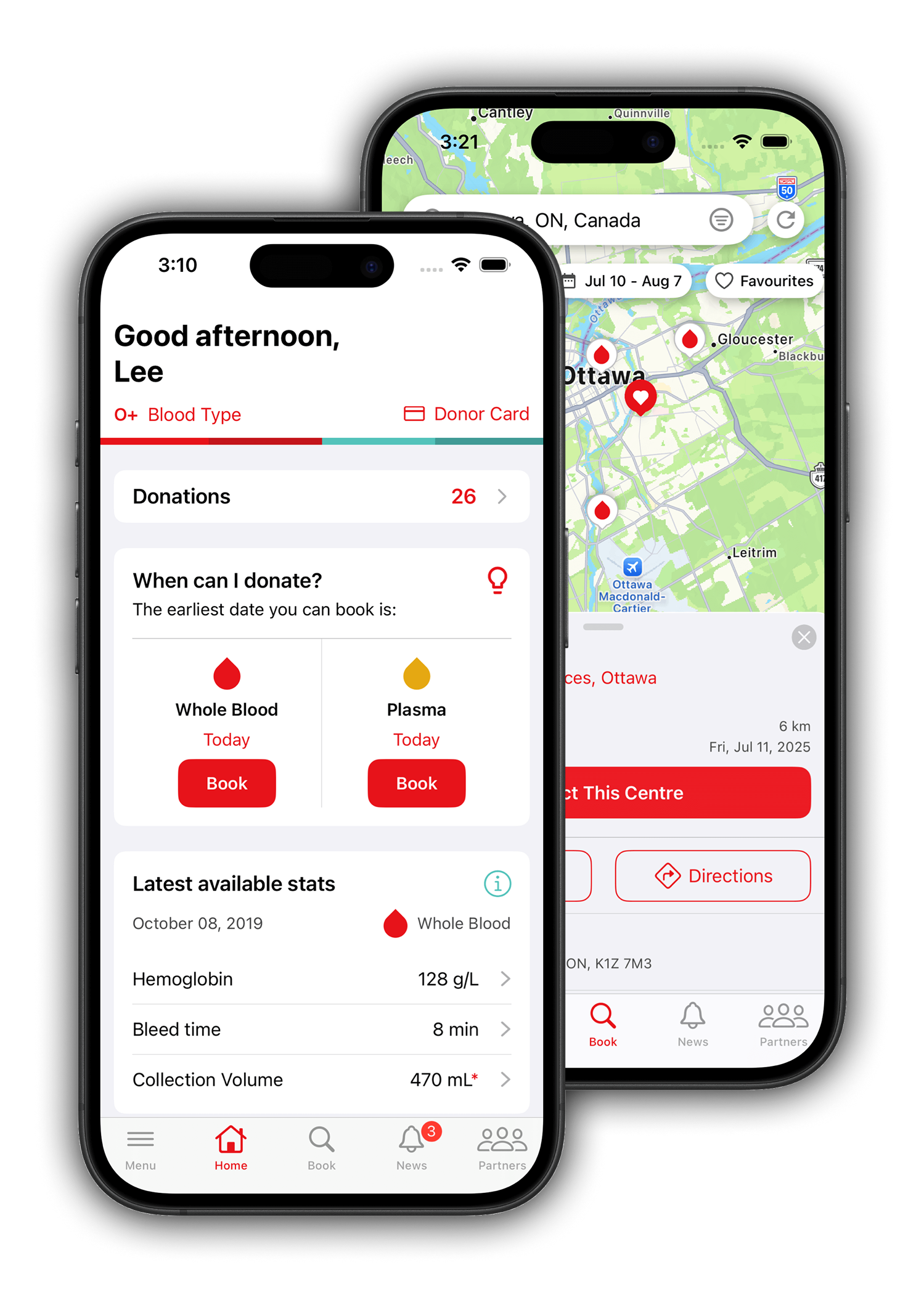 The home screen of the GiveBlood app.